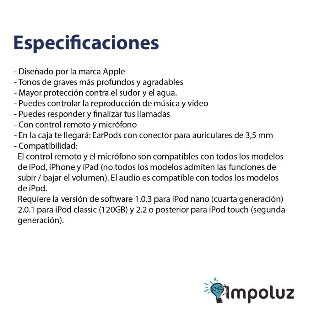Especificaciones Audifonos EarPods scaled 1 Audifonos iPhone Jack 3.5 Mm o Lightning Originales - Imagen 4
