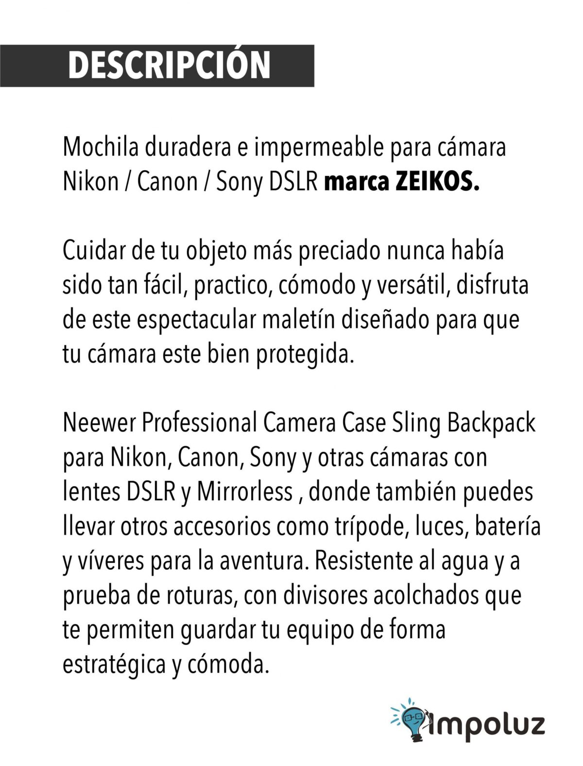 Bolso Para Camara Fotografica Slr Y Dslr Impermeable - Imagen 3