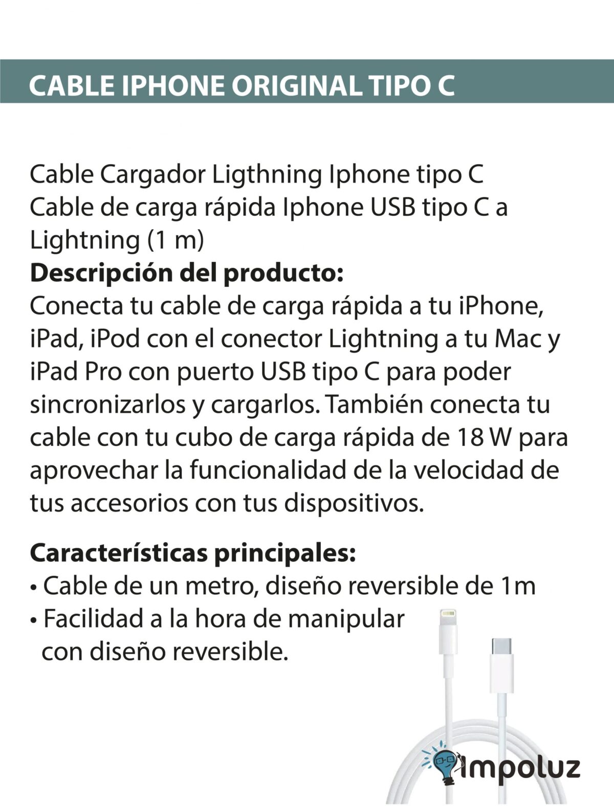 Cargador Tipo C Con Cable iPhone Carga Rapida Original - Imagen 4