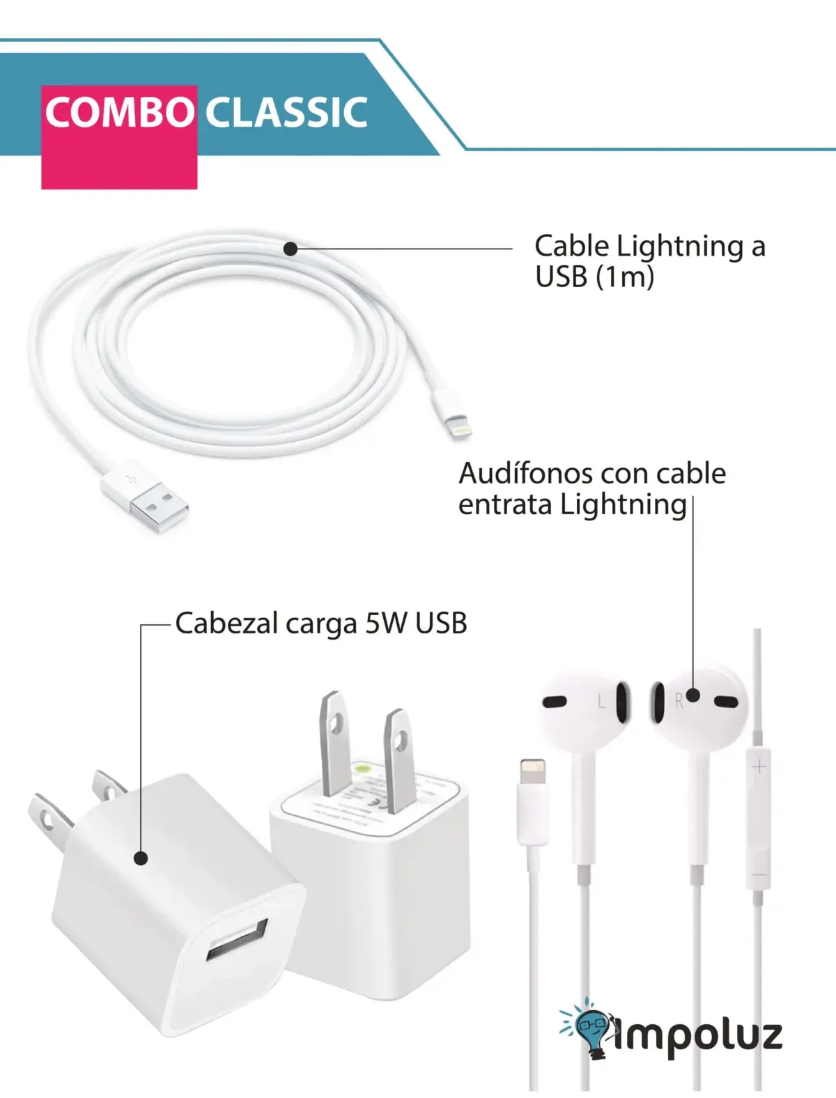 Combo Audifonos Cable USB Con Entrada Lightning y Cargador 5W scaled 1
