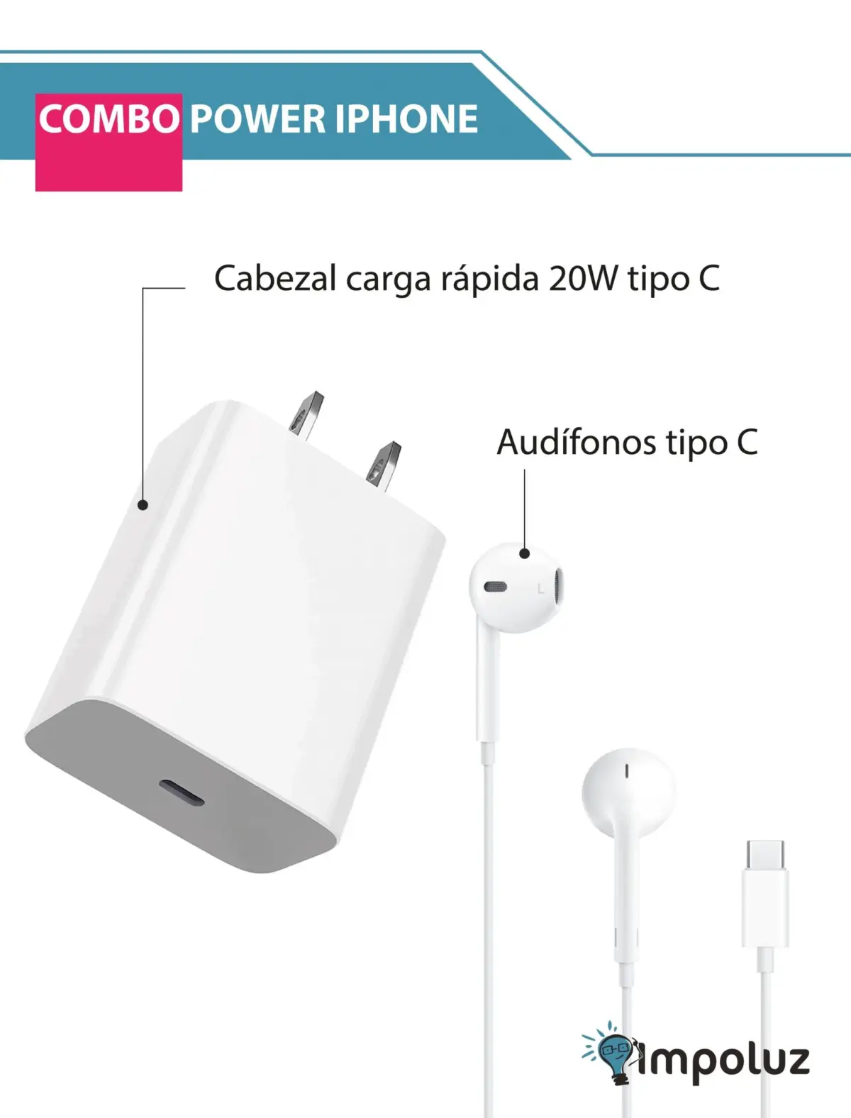 Combo Power iPhone Cargador Rapido 20W Audifonos Tipo C scaled 1