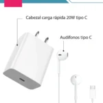 Combo Power iPhone Cargador Rápido 20W Y Audífonos Tipo C