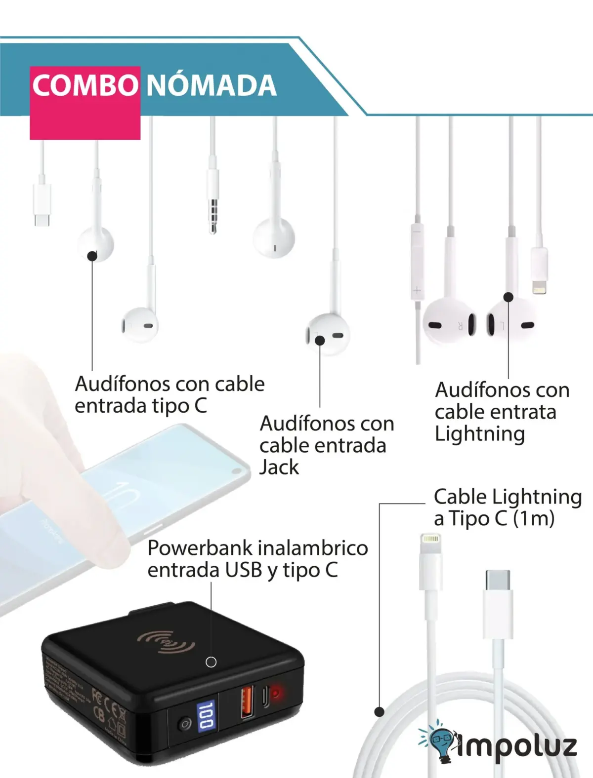 Powerbank Inalambrico Audifonos Y Cable Lightning a Tipo C scaled 1