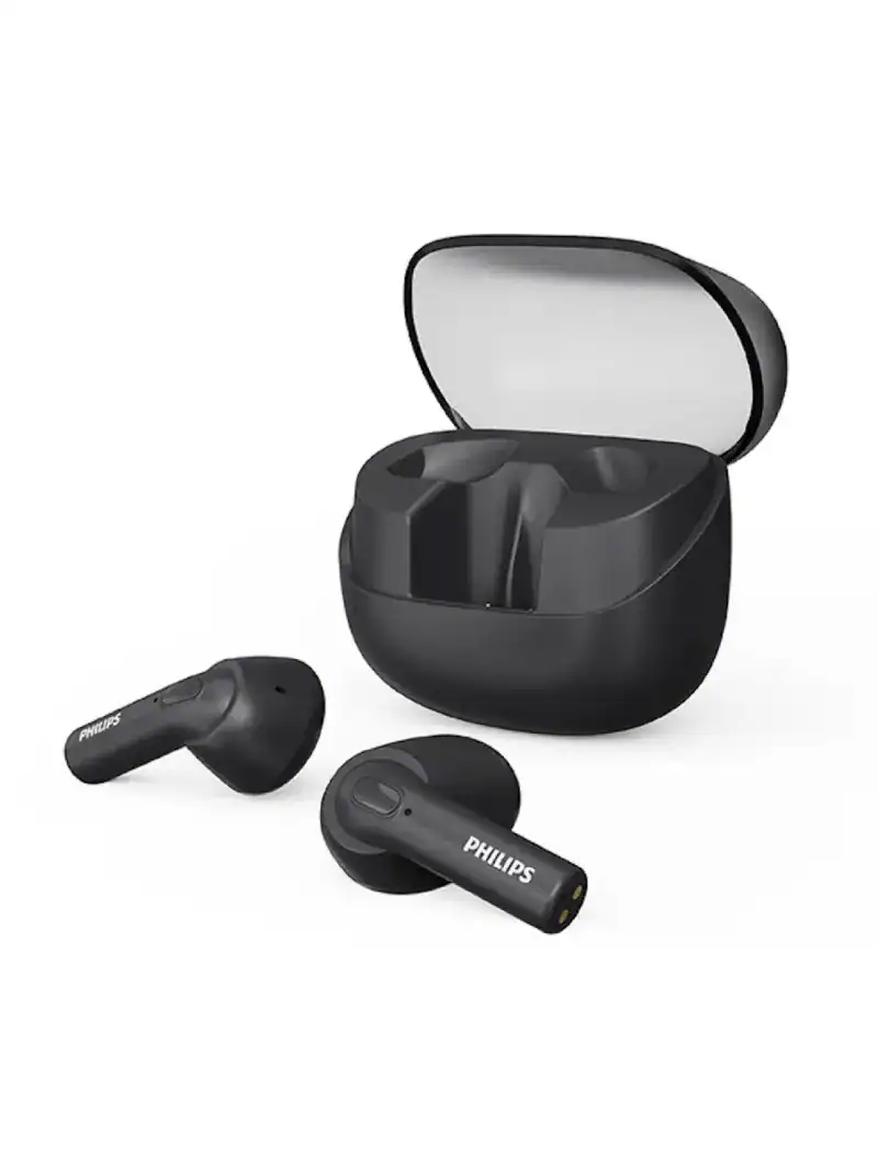 Audífonos inalámbricos Philips con estuche de carga, versión True Wireless, diseño compacto y auriculares con cancelación de ruido, ideales para escuchar música en movimiento.