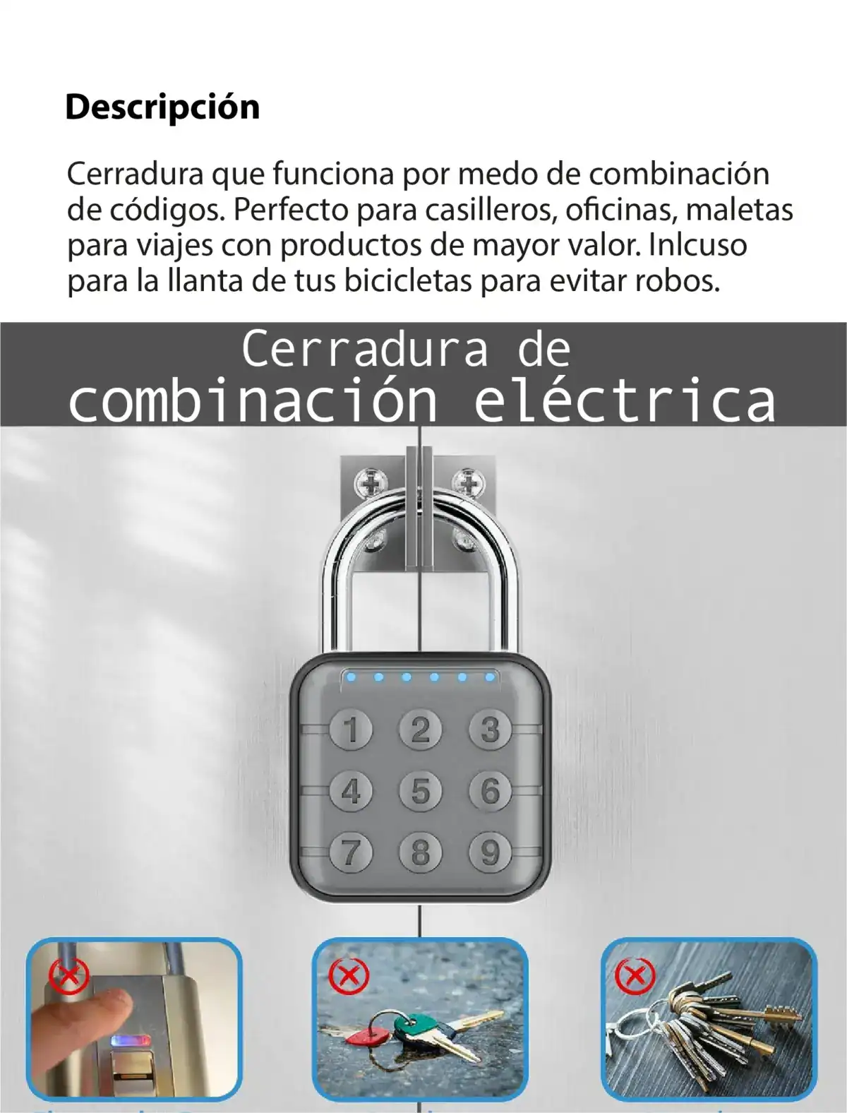 Cerradura de combinación eléctrica moderna para seguridad en hogares, oficinas y viajes, resistente a robos y perfecta para proteger bicicletas, maletas y espacios con control de acceso digital.