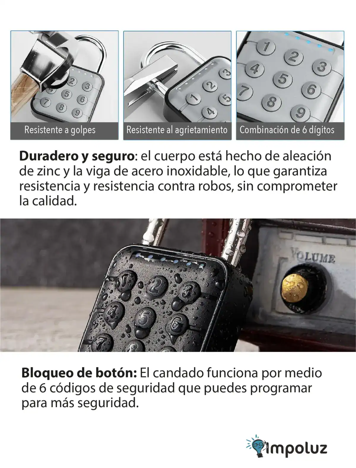 Resistente a golpes y resistente al agrietamiento en cerraduras electrónicas de seguridad Impoluz.