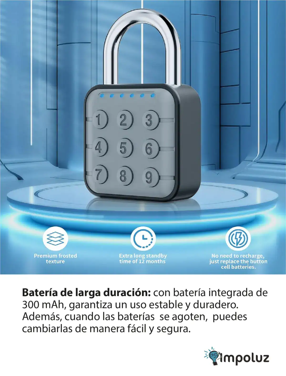 Batería de larga duración con botón de reemplazo fácil, diseñada para dispositivos que requieren energía confiable y duradera, ideal para seguridad y tecnología avanzada.