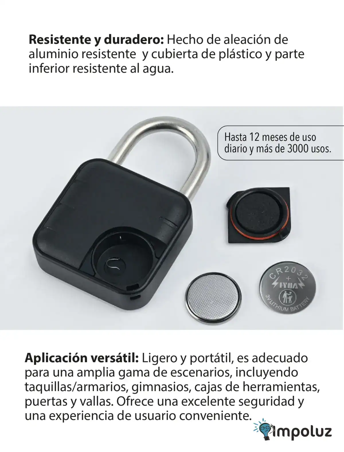 Candado de aluminio resistente con cáscara de plástico y parte inferior a prueba de agua, ideal para seguridad en diferentes escenarios.