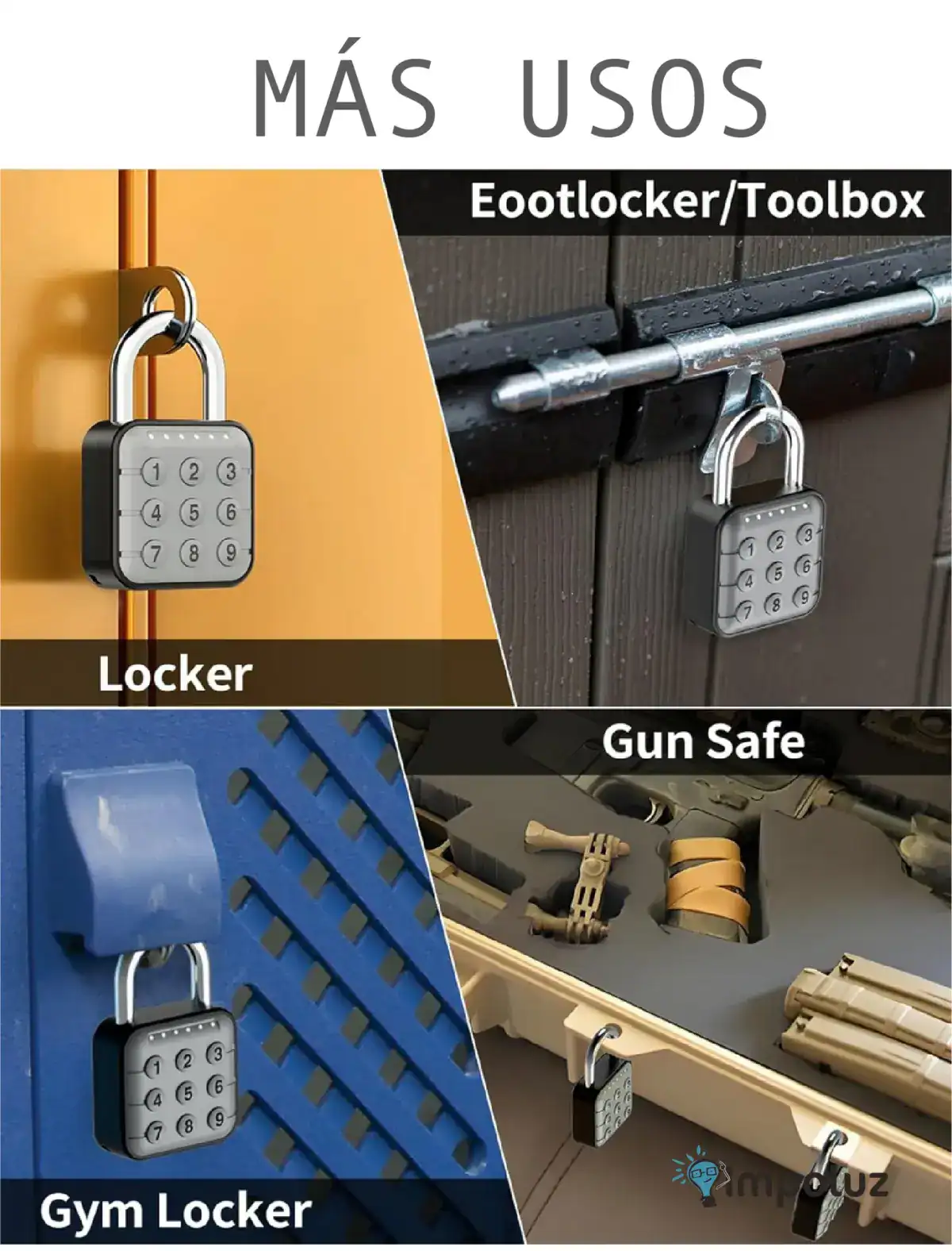 Candado con combinación, asegura diferentes espacios como taquillas, armarios de gimnasio y armarios para armas. Diseñado para protección y control de acceso en instalaciones deportivas, laborales y de seguridad.