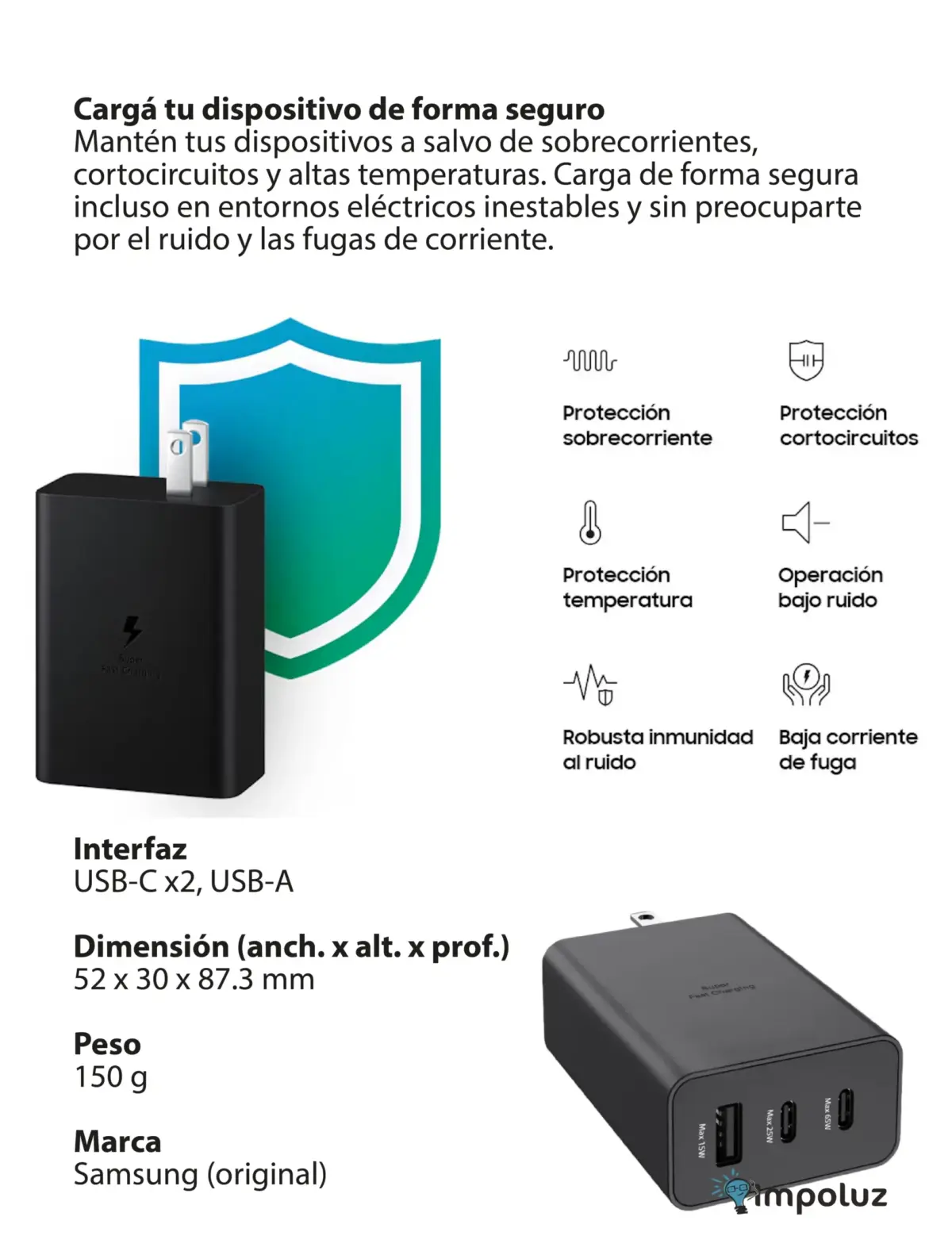 Cargador Samsung 65W Carga Rapida Triple Puerto - Imagen 5