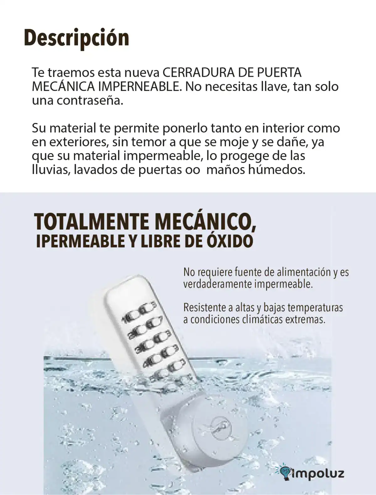 Puerta de seguridad mecánica impermeable sin llave, ideal para exteriores e interiores, resistente a lluvia y humedad, mantiene la protección sin oxido, perfecta para puertas y manos húmedas.