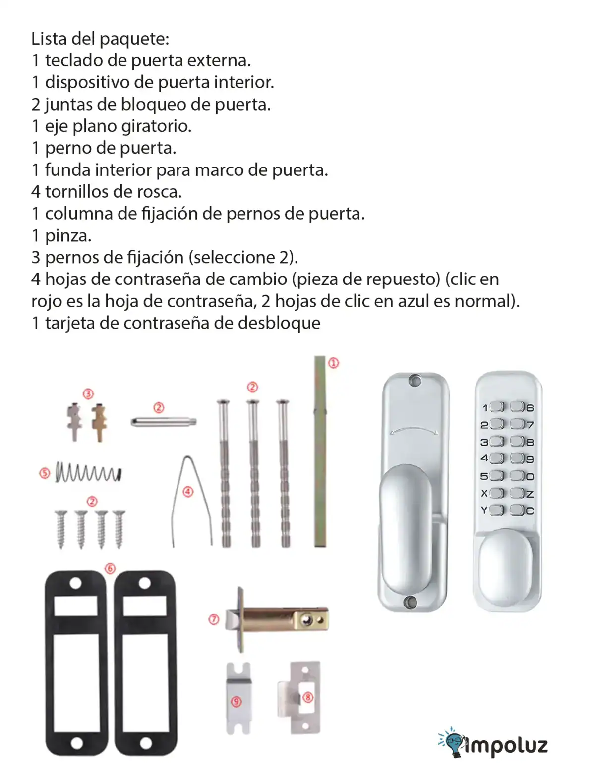 Teclado de puerta y kit de accesorios para cerraduras eléctricas, componentes para instalación y seguridad.