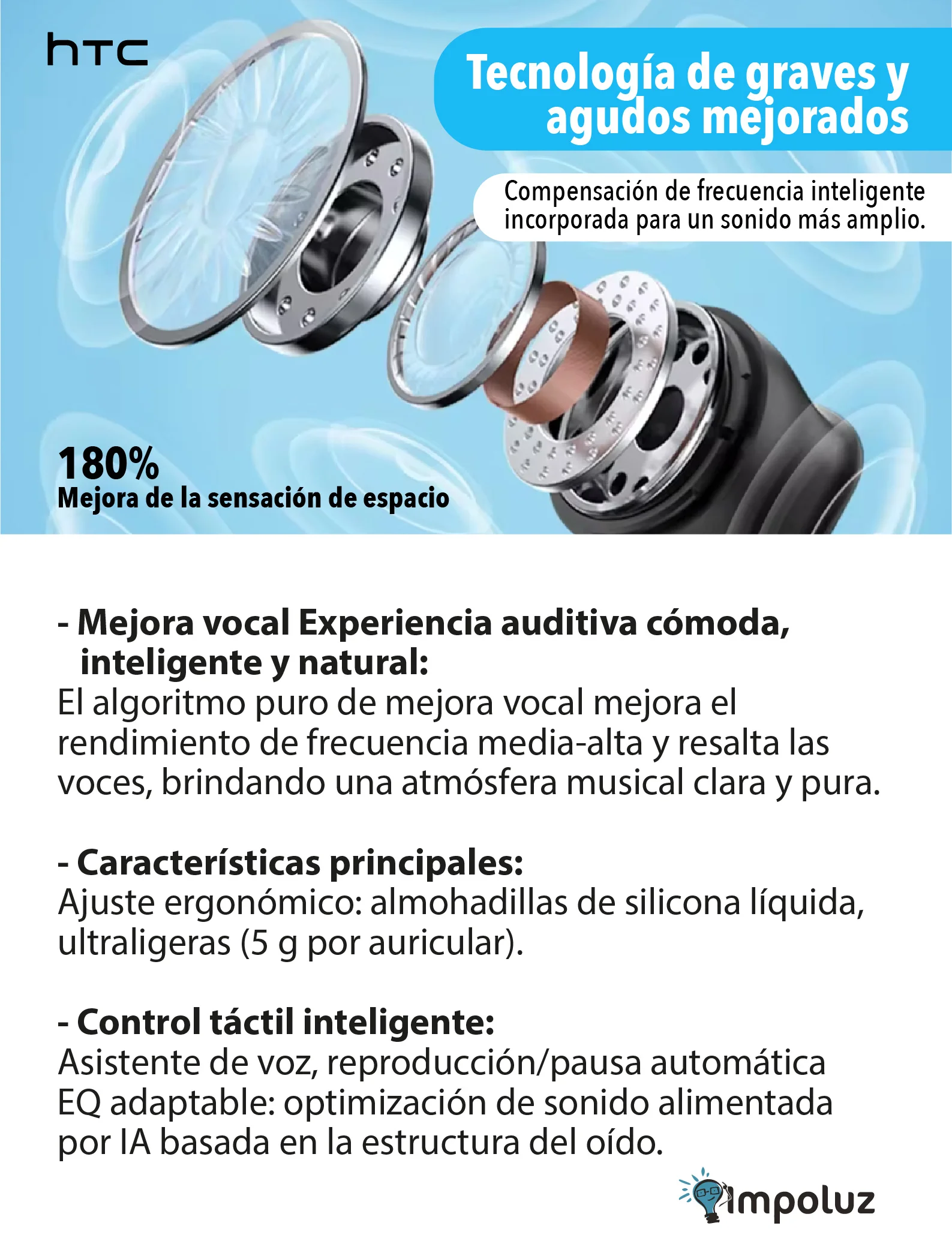 HTC NE16 04 Audifonos in ear Bluetooth 6.0 Inteligencia Artificial - Imagen 4