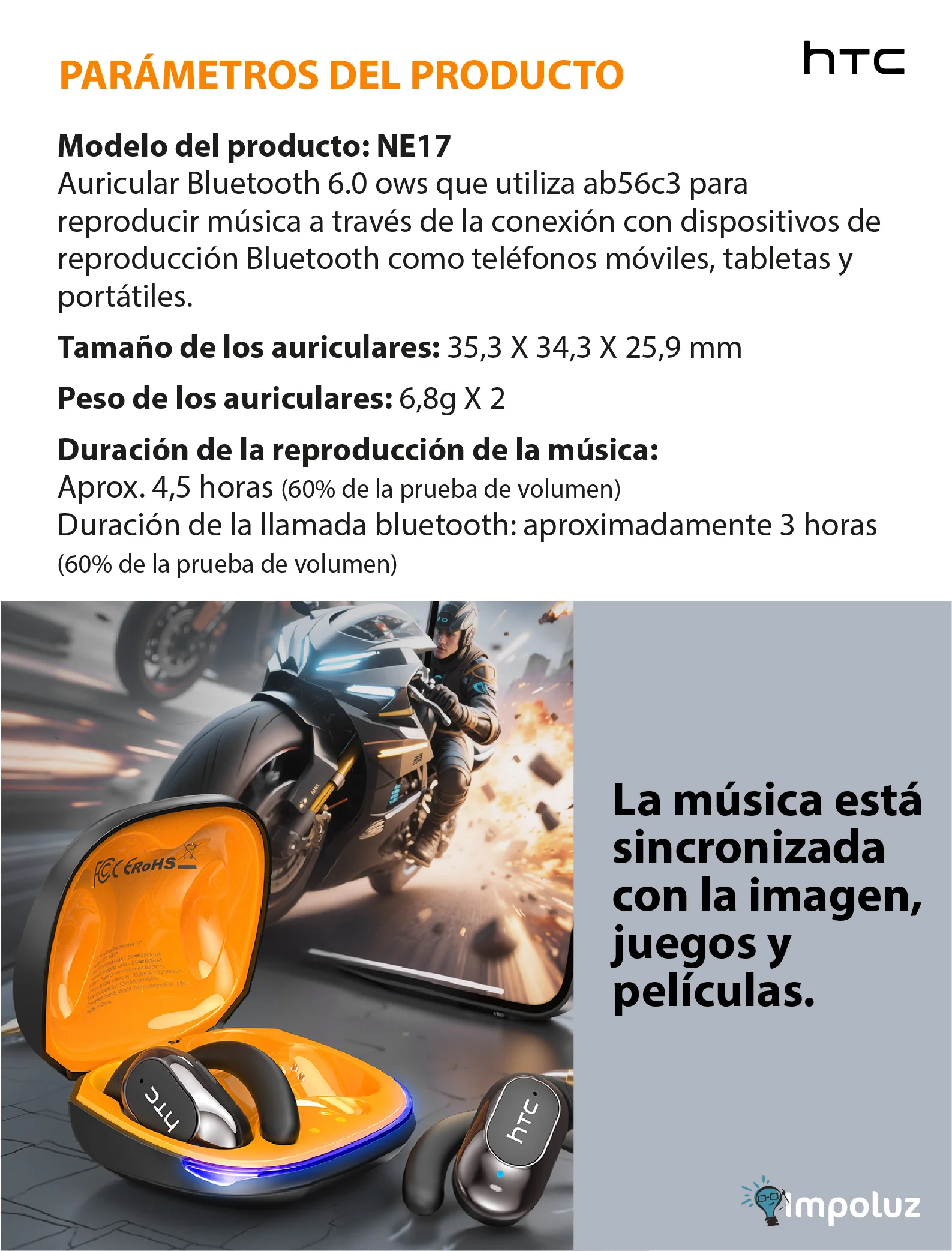 HTC NE17 03 Audifonos Gamer Bluetooth HTC NE17 Con Microfono - Imagen 3